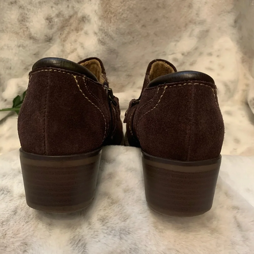 Sporto Annie Suede Ankle Boots Low Cut Booties Brown Interior Zip Chunky Heel
